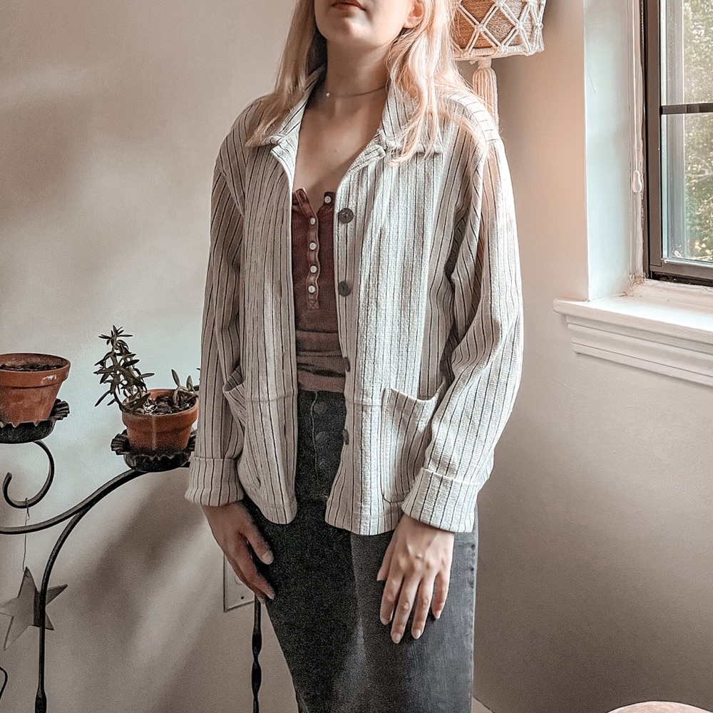 L.L. Bean Striped Cream Button Up Shacket